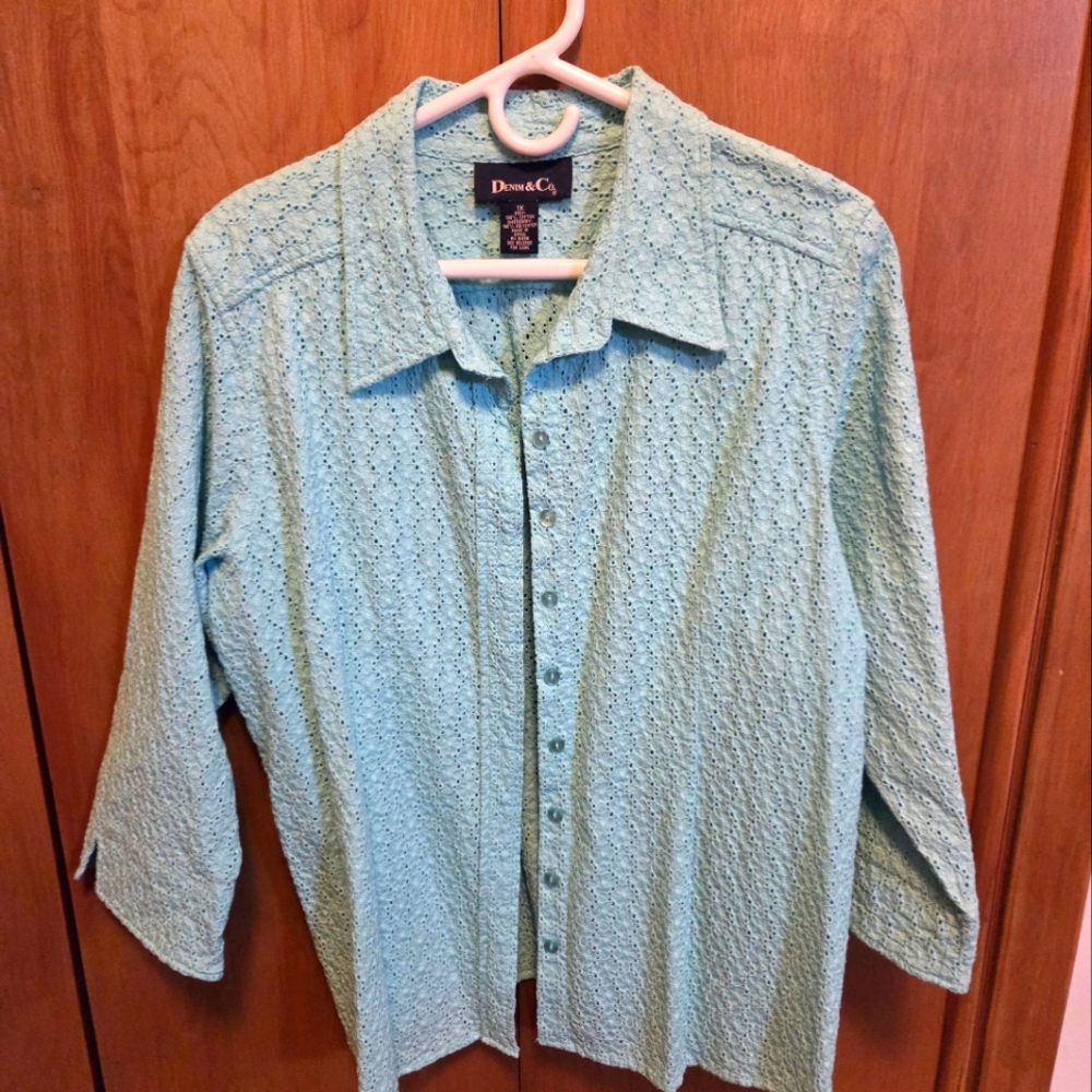 Denim&Co Light Blue/turquoise Casual Button Down Shirt